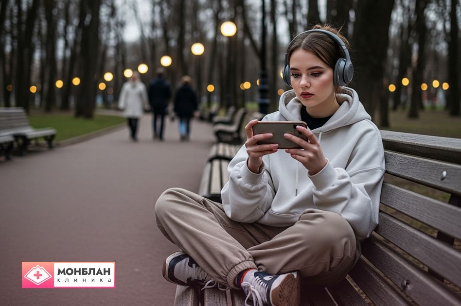 Девушка смотрит видео в парке